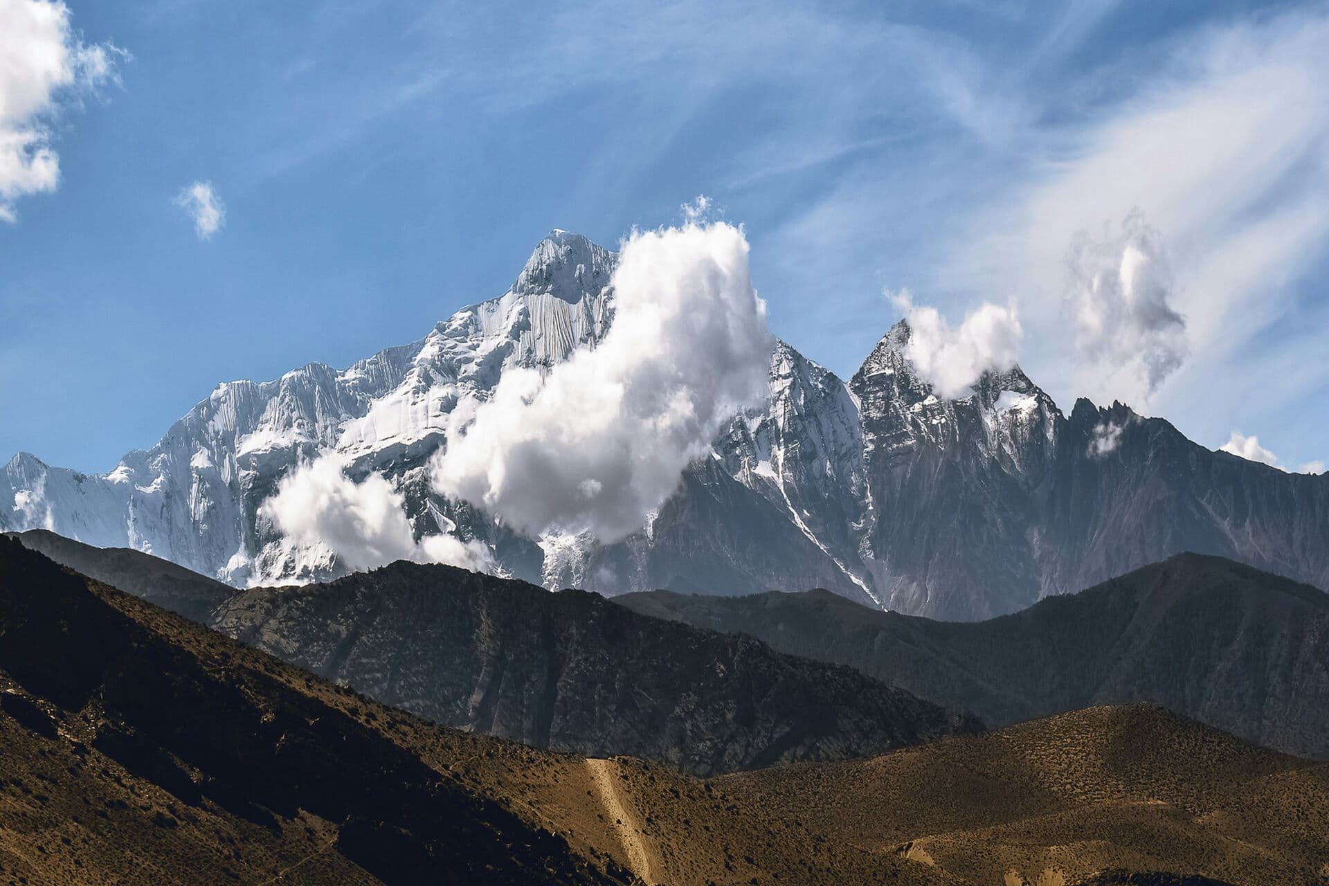 Snow-capped peak of Mount Kenya rising above alpine moorland and giant lobelias