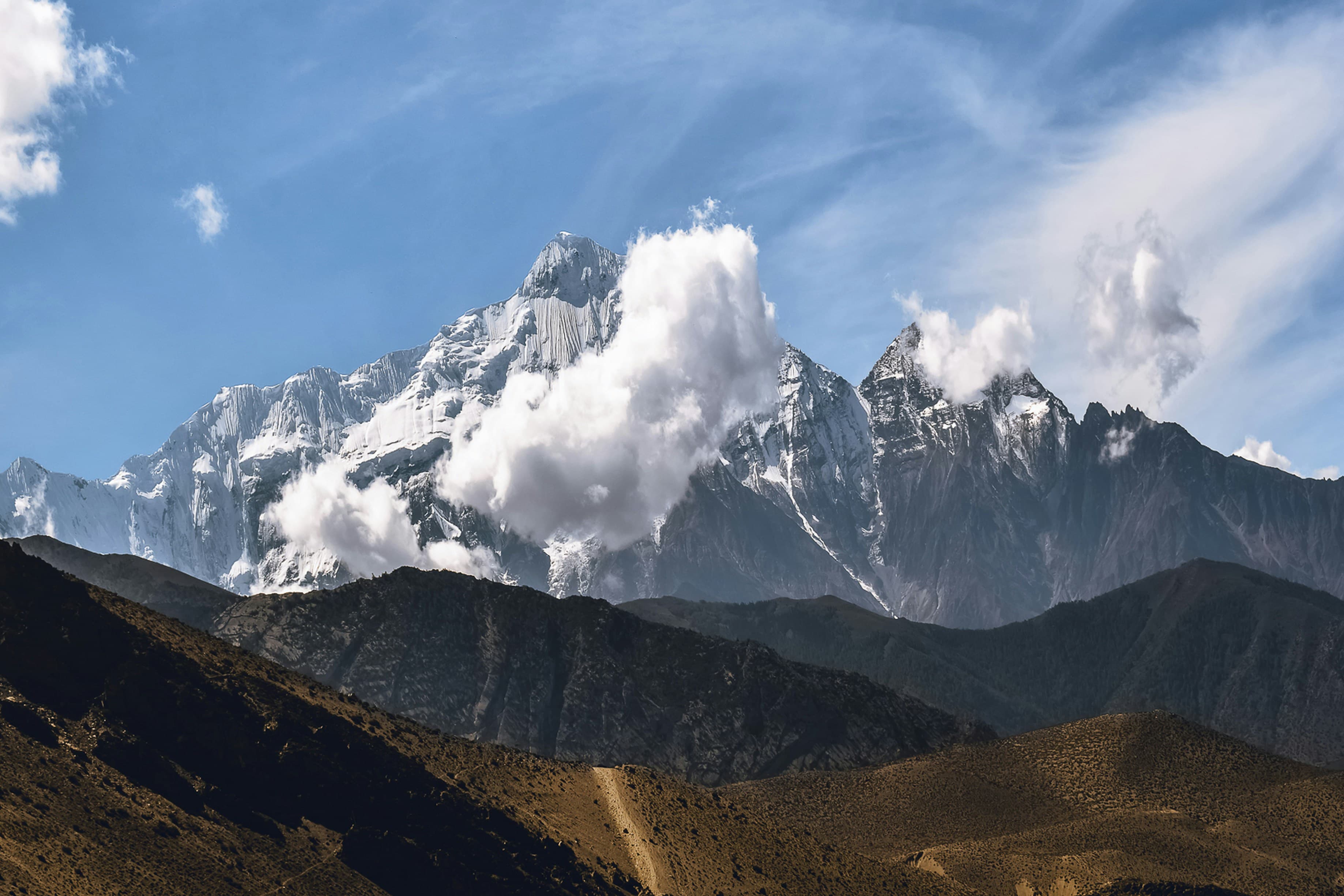 Snow-capped peak of Mount Kenya rising above alpine moorland and giant lobelias
