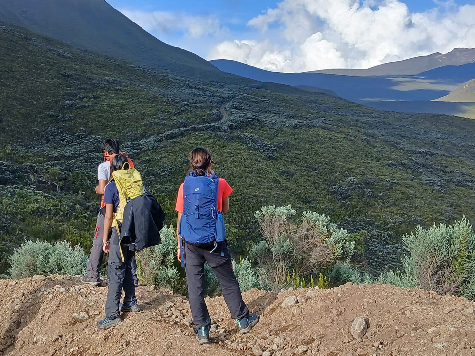 Two trekkers with daypacks looking across Mount Kenya's heather moorland