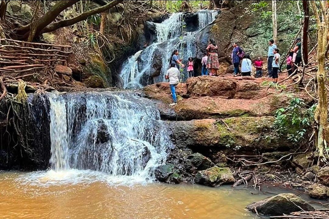 Visitors at the waterfall in Karura Forest