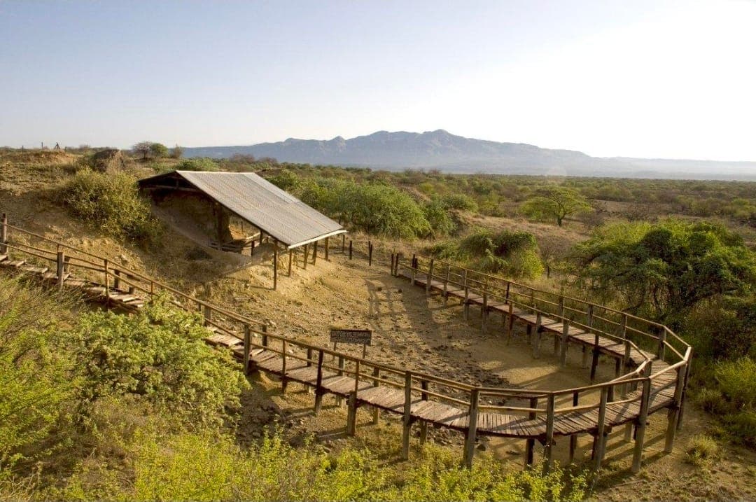 Raised boardwalk and shelter over an excavation at Olorgesailie