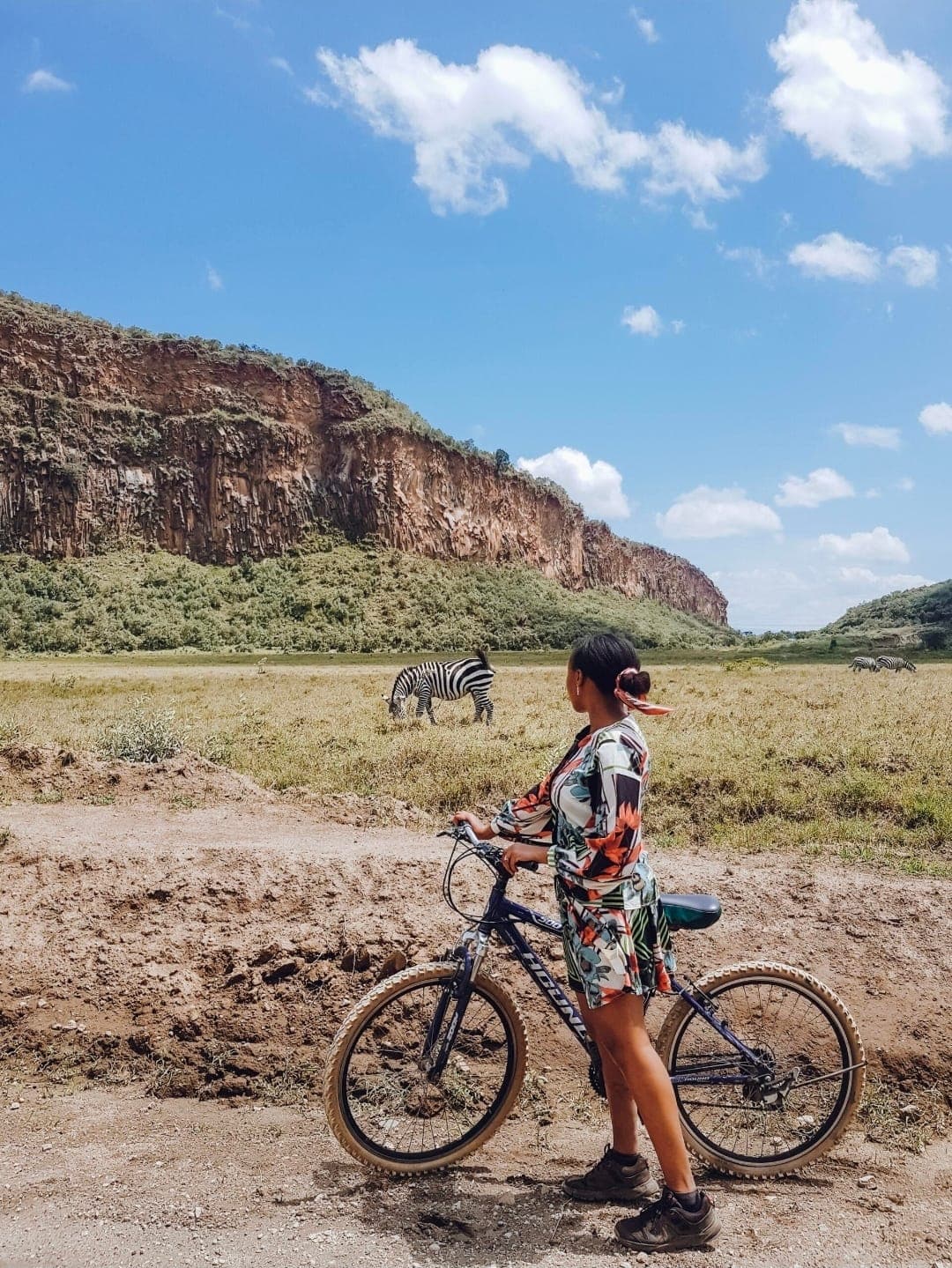 A cyclist watching zebras below the cliffs of Hell's Gate